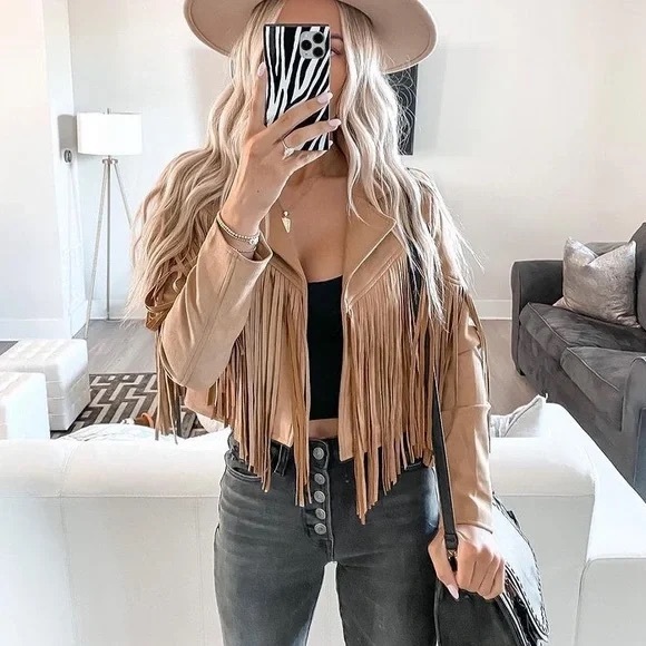 Jackets & Blazers - Fringed faux Suede Crop boho festival Jacket women  - Tan